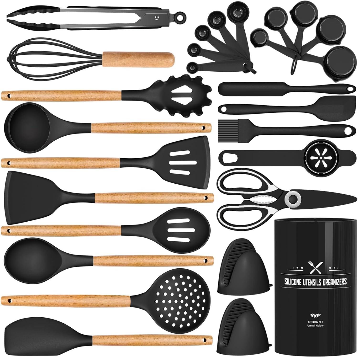 AIKKIL Silicone Kitchen Utensils Set, 28PCS Large Cooking Utensils Set with Holder,  Handles, Turner, Spoon, Whisk, Scissors Kitchen Gadgets (Black) _ Home & Kitchen