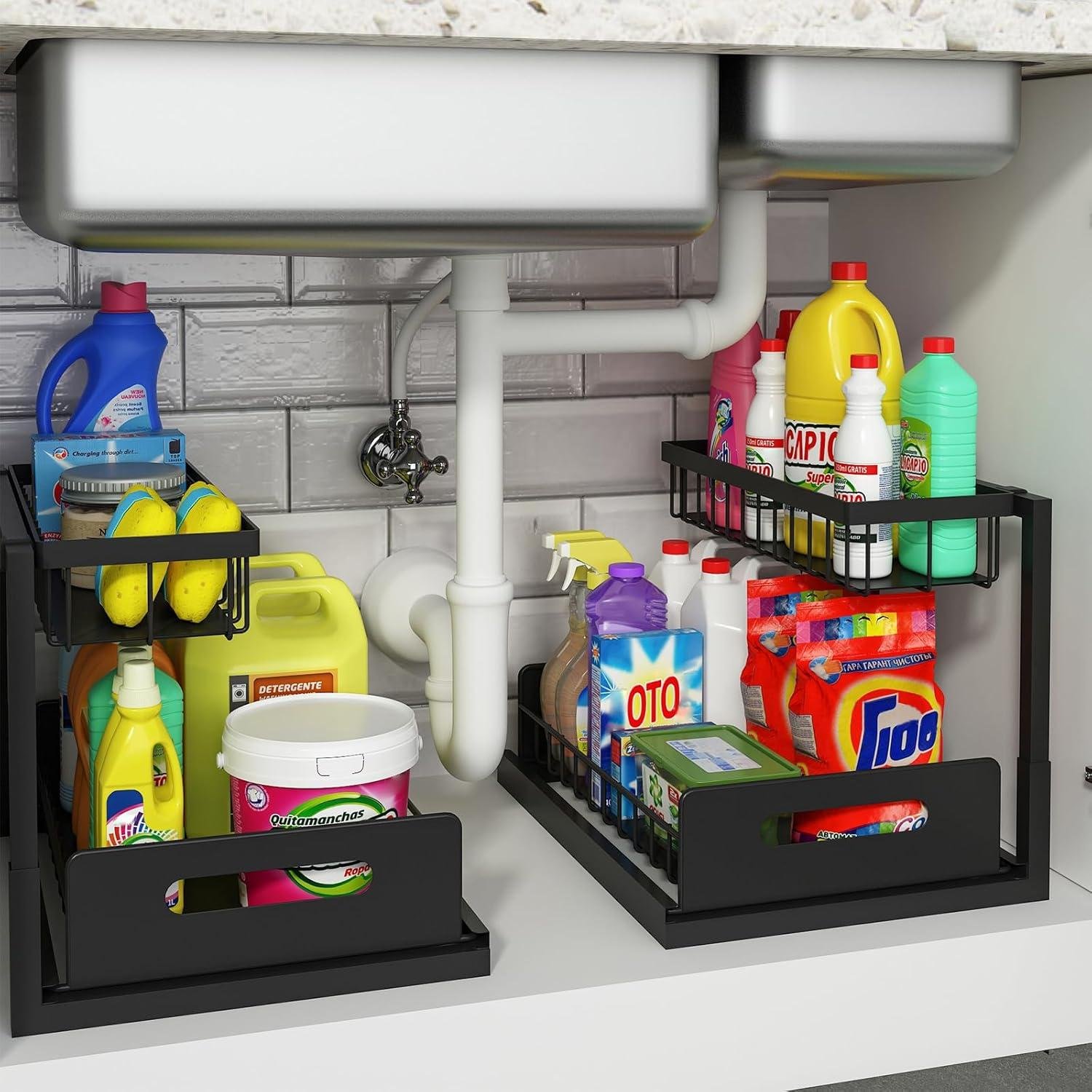 Amazon.com - REALINN Under Sink Organizer, Pull Out Cabinet Organizer Slide Out Sink Shelf Cabinet Storage Shelves, Storages for Kitchen Bathroom, Black, 2 Pack