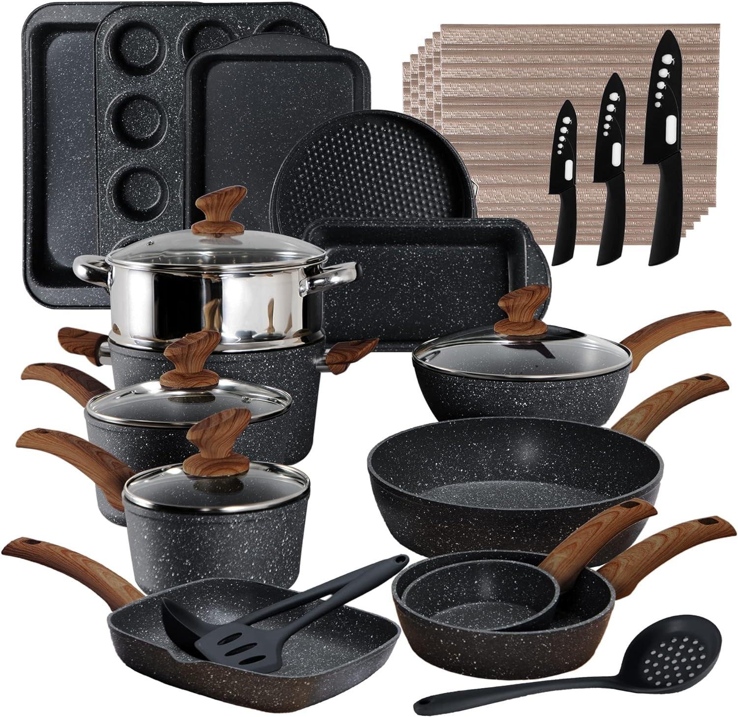 Kitchen Academy Bakeware and Cookware Set - 30 Piece Induction Hob Pans and Pots Set Non Stick, Black Granite Cooking Saucepan Set PFOA & PFOS Free _ Home & Kitchen