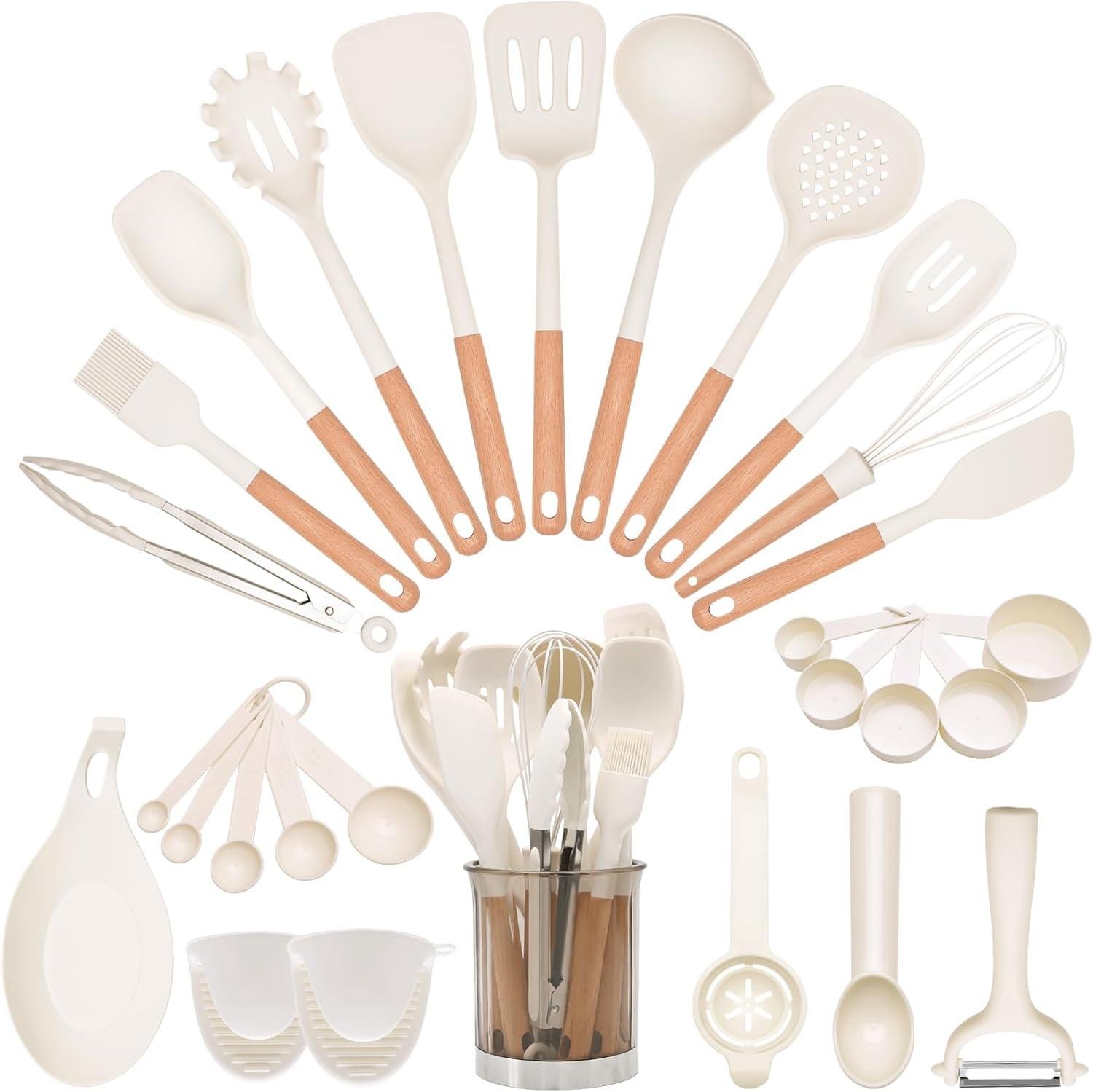 Silicone Kitchen Utensils Set, 28Pcs Non-Stick Silicone Cooking Utensils Set, Wooden Handle Kitchen Utensil Set with Holder (BPA Free - White) _ Home