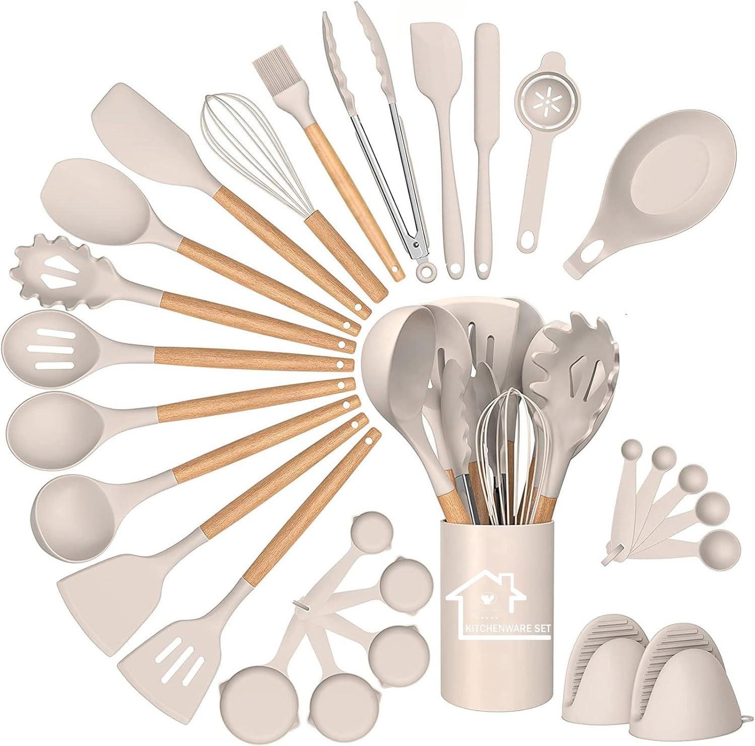 Silicone Kitchen Utensils Set, 28pcs Silicone Kitchen Cooking Utensils Set, Kitchen Tools Spatula Set with Holder for Nonstick Heat Resistant Cookware, Khaki _ Home & Kitchen