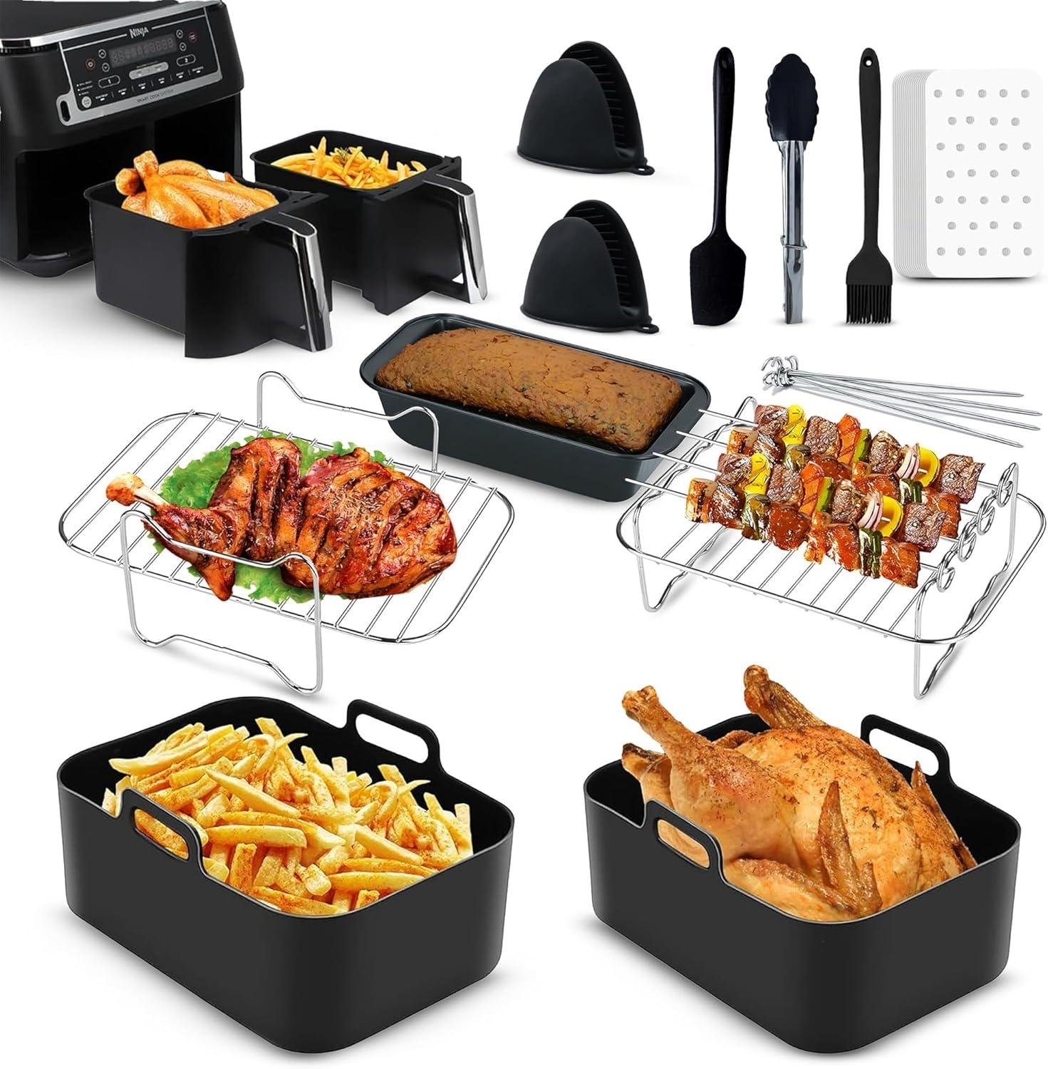 11 PCS Air Fryer Accessories Set for Dual-Basket Air Fryers, Air Fryer Racks, Kitchen Tongs, Coating Pan, Paper Liners, Silicone Gloves - Complete Gift Set _ Amazon.co.uk_ Home & Kitchen