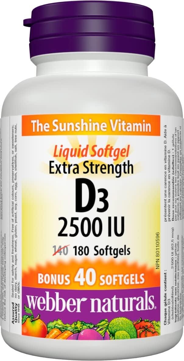 Webber Naturals Vitamin D3 2500 IU Extra Strength, 180 Softgels, For Healthy Bones, Teeth, and Helps Prevent Vitamin D Deficiency _ Amazon.ca_ Health & Personal Care